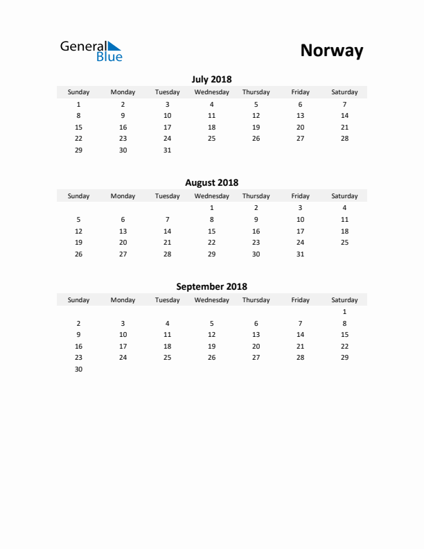 Printable Quarterly Calendar with Notes and Norway Holidays- Q3 of 2018