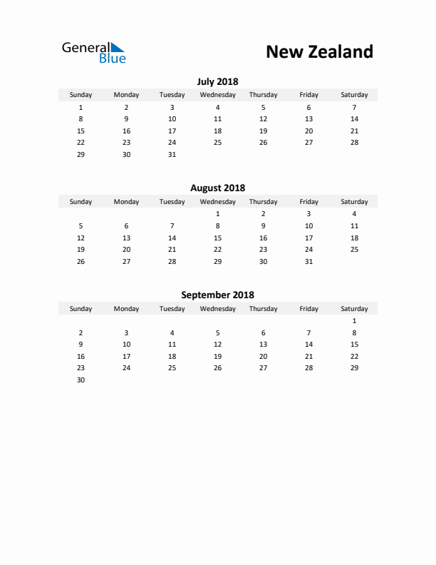 Printable Quarterly Calendar with Notes and New Zealand Holidays- Q3 of 2018