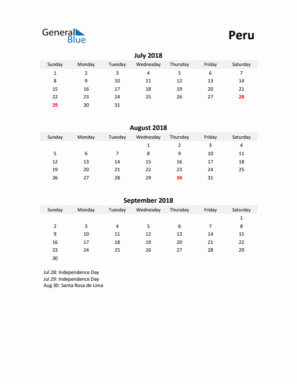 Printable Quarterly Calendar with Notes and Peru Holidays- Q3 of 2018