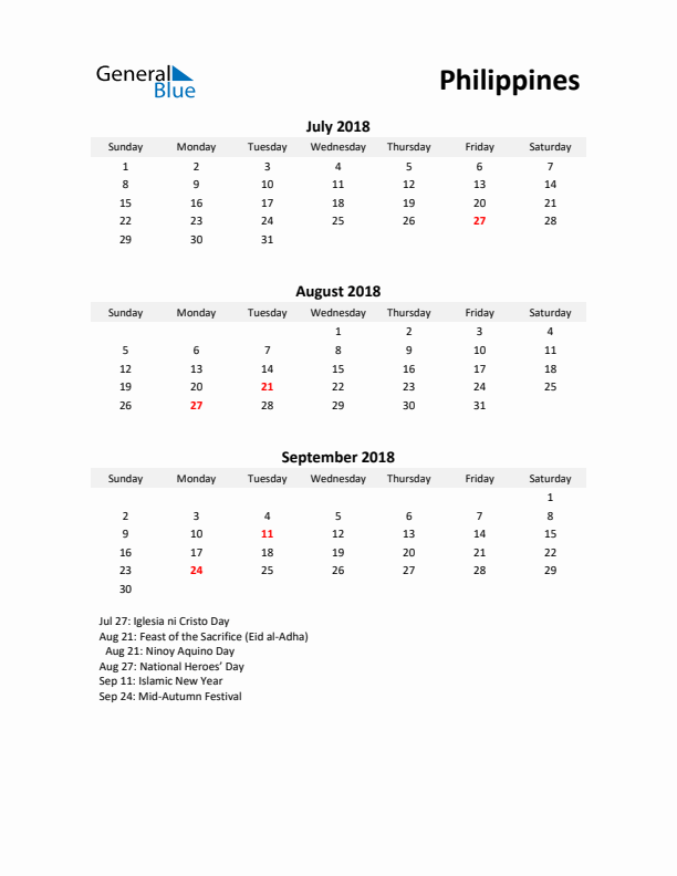 Printable Quarterly Calendar with Notes and Philippines Holidays- Q3 of 2018