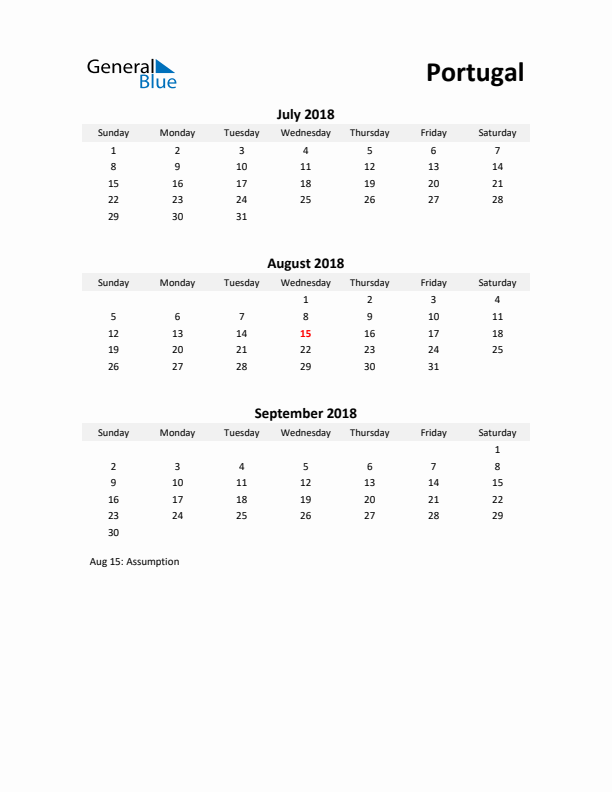 Printable Quarterly Calendar with Notes and Portugal Holidays- Q3 of 2018