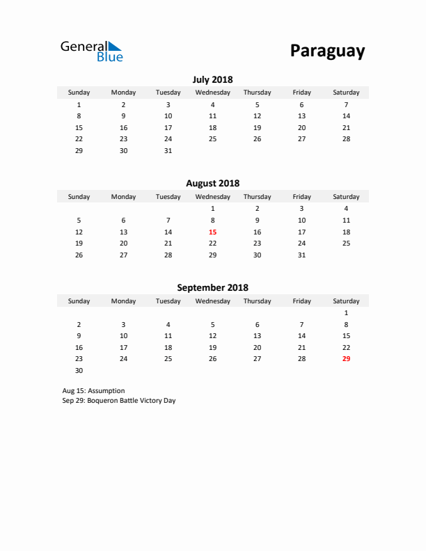 Printable Quarterly Calendar with Notes and Paraguay Holidays- Q3 of 2018