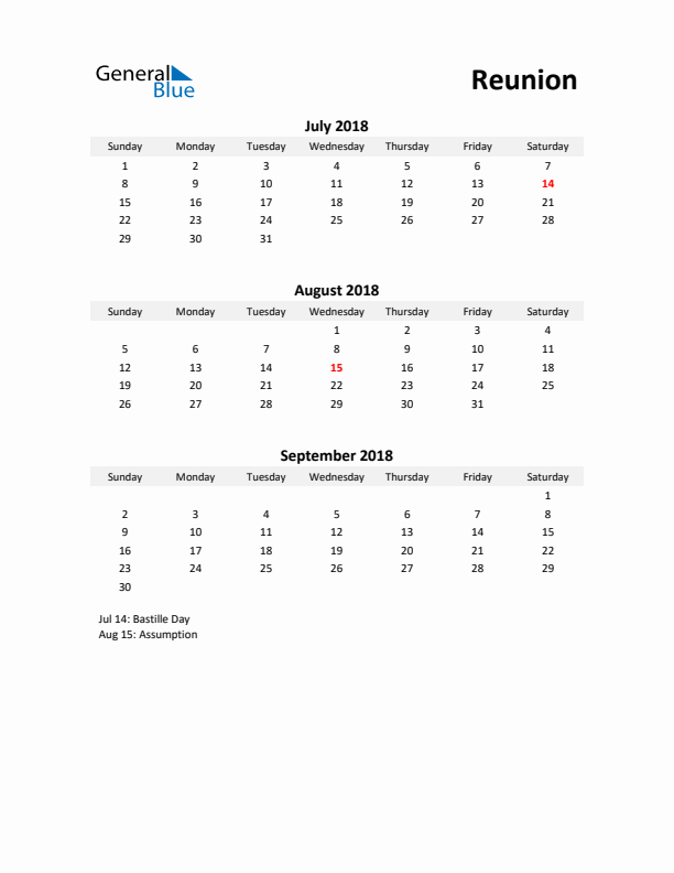 Printable Quarterly Calendar with Notes and Reunion Holidays- Q3 of 2018