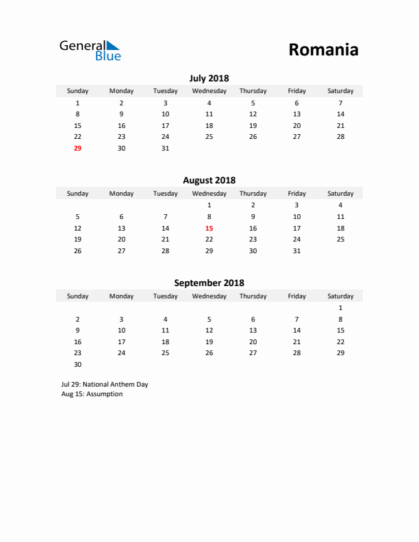 Printable Quarterly Calendar with Notes and Romania Holidays- Q3 of 2018