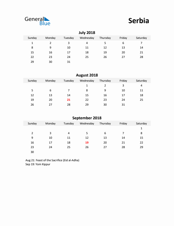 Printable Quarterly Calendar with Notes and Serbia Holidays- Q3 of 2018