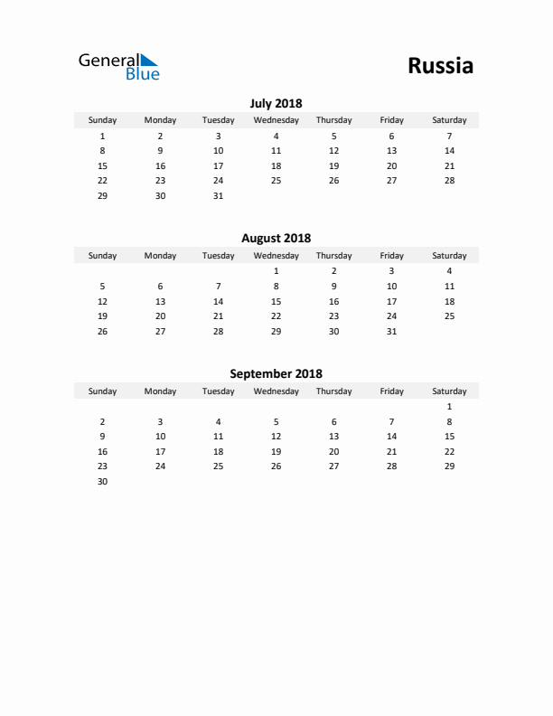 Printable Quarterly Calendar with Notes and Russia Holidays- Q3 of 2018