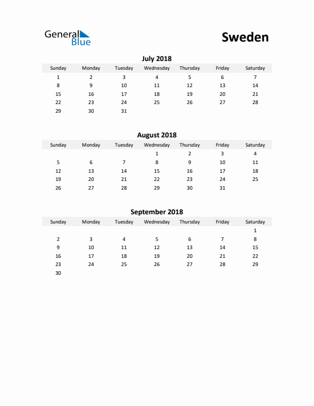 Printable Quarterly Calendar with Notes and Sweden Holidays- Q3 of 2018