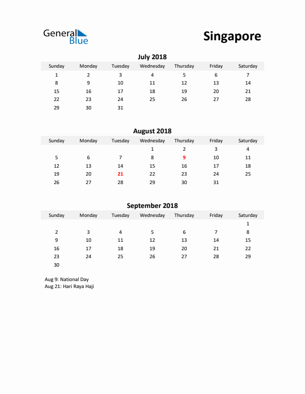 Printable Quarterly Calendar with Notes and Singapore Holidays- Q3 of 2018