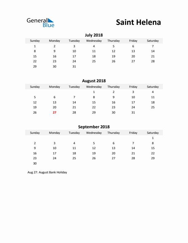 Printable Quarterly Calendar with Notes and Saint Helena Holidays- Q3 of 2018