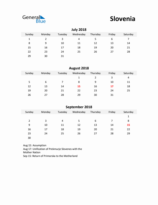 Printable Quarterly Calendar with Notes and Slovenia Holidays- Q3 of 2018