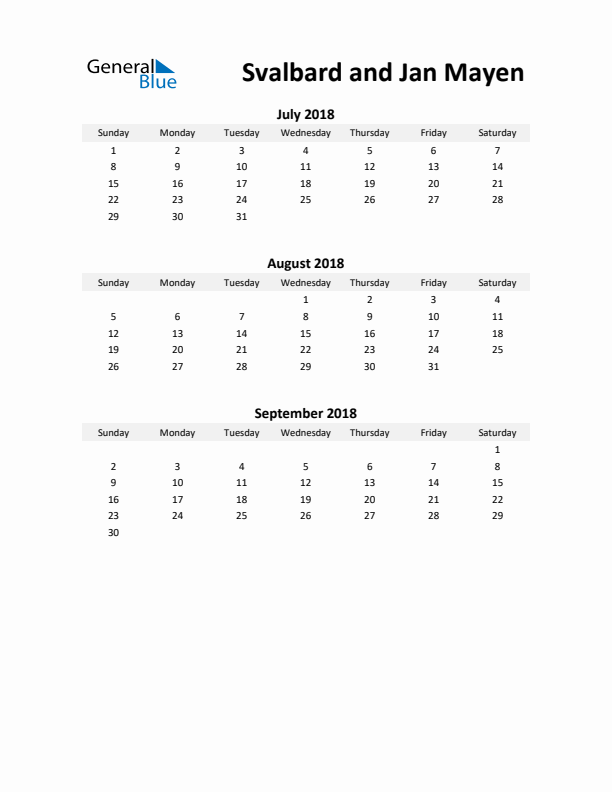 Printable Quarterly Calendar with Notes and Svalbard and Jan Mayen Holidays- Q3 of 2018