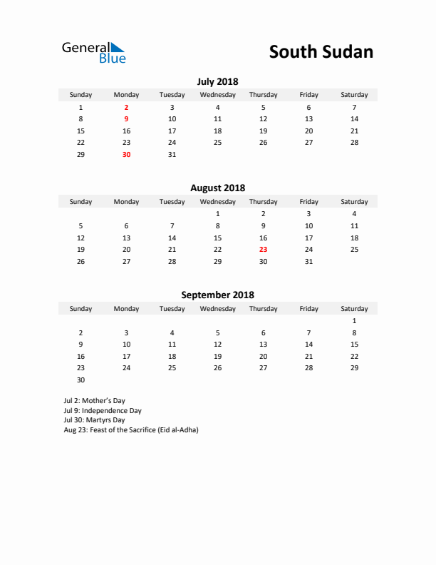 Printable Quarterly Calendar with Notes and South Sudan Holidays- Q3 of 2018