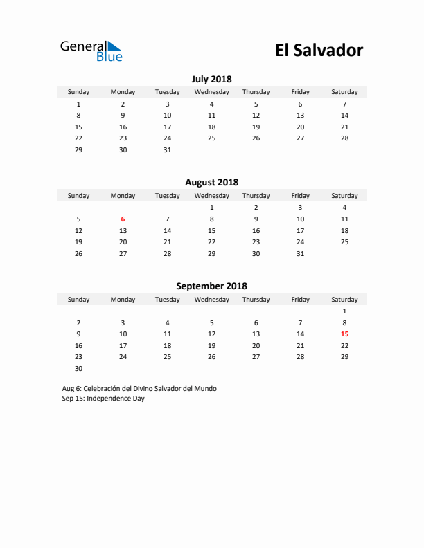 Printable Quarterly Calendar with Notes and El Salvador Holidays- Q3 of 2018