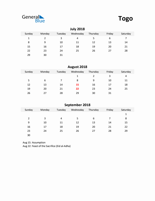 Printable Quarterly Calendar with Notes and Togo Holidays- Q3 of 2018