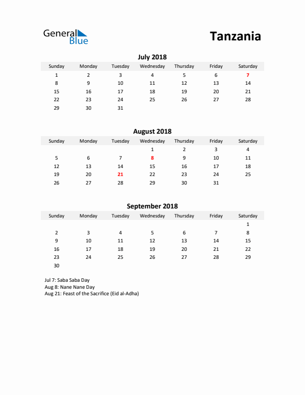 Printable Quarterly Calendar with Notes and Tanzania Holidays- Q3 of 2018