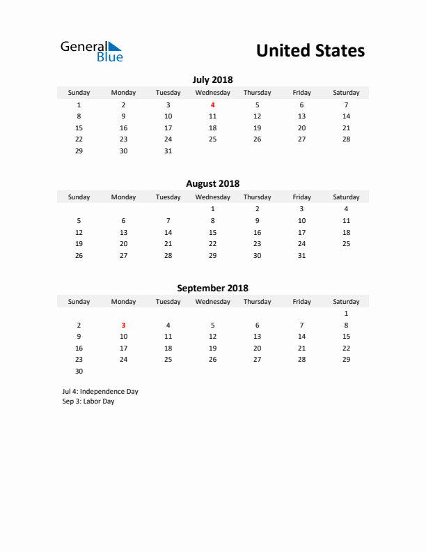 Printable Quarterly Calendar with Notes and United States Holidays- Q3 of 2018