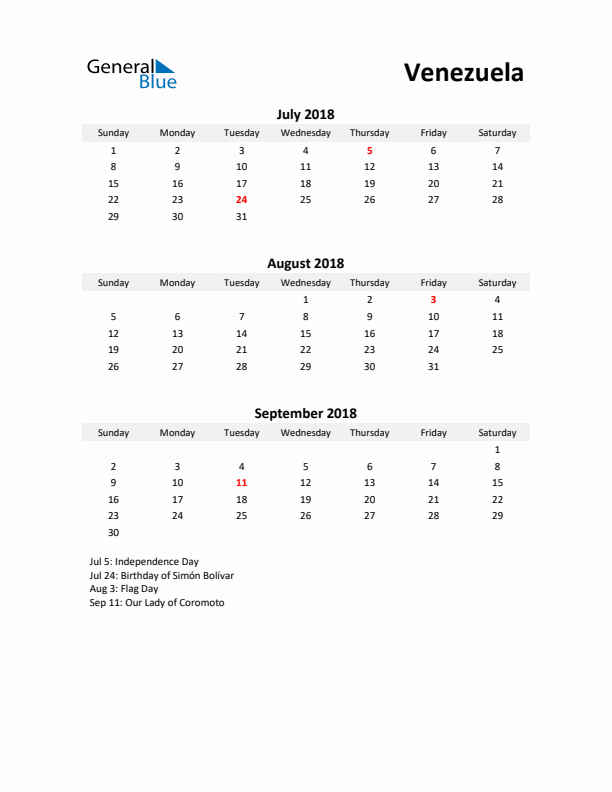 Printable Quarterly Calendar with Notes and Venezuela Holidays- Q3 of 2018