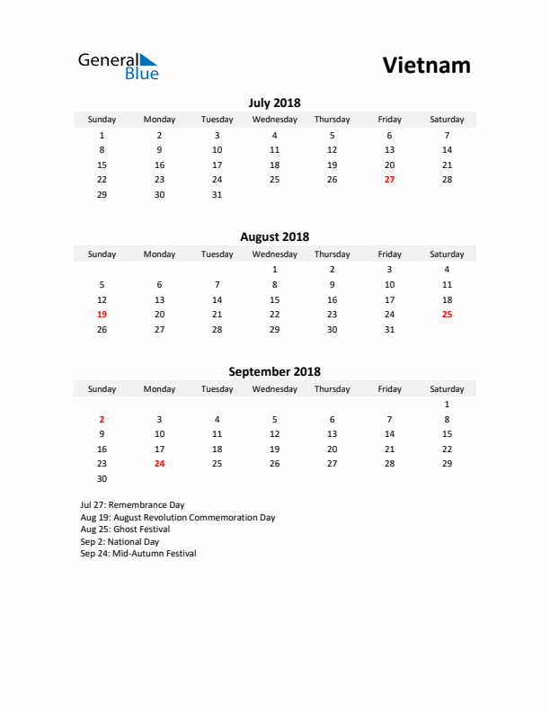 Printable Quarterly Calendar with Notes and Vietnam Holidays- Q3 of 2018