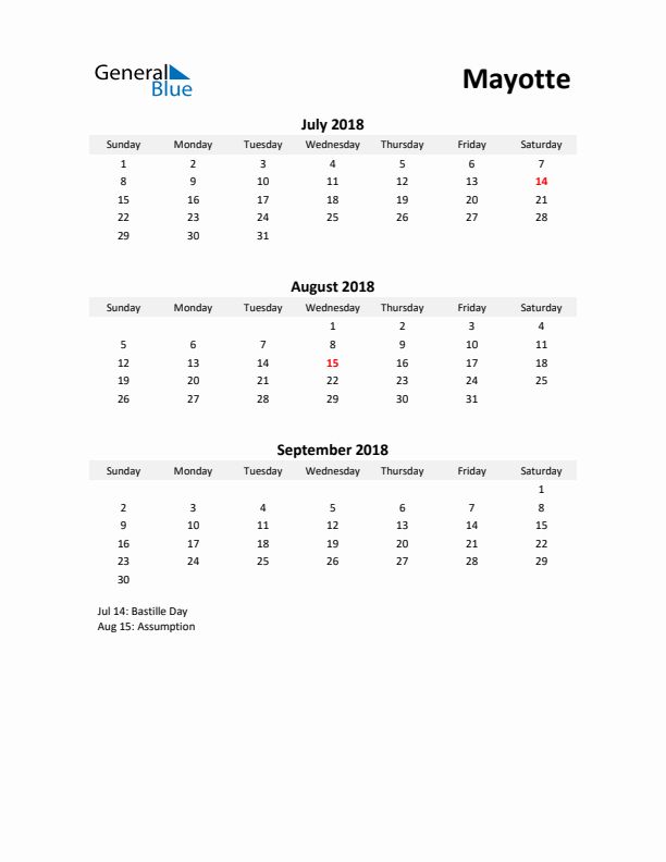 Printable Quarterly Calendar with Notes and Mayotte Holidays- Q3 of 2018