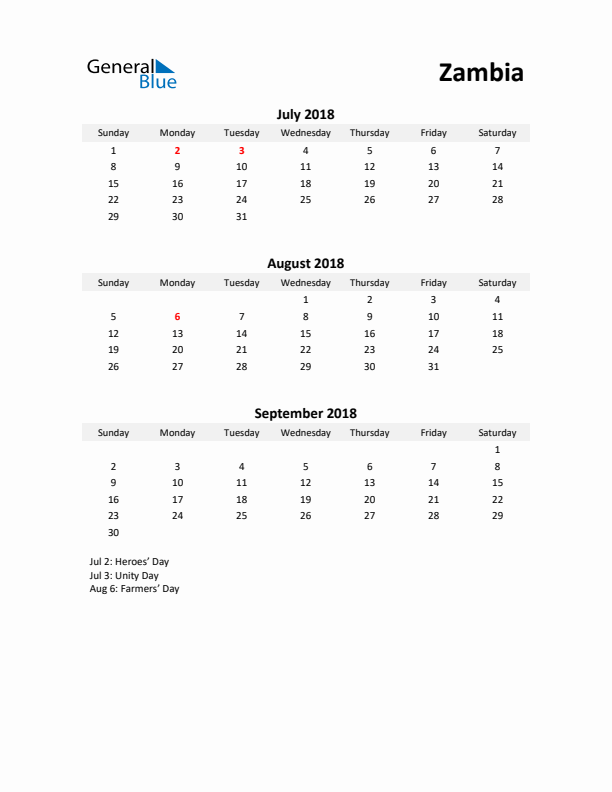 Printable Quarterly Calendar with Notes and Zambia Holidays- Q3 of 2018