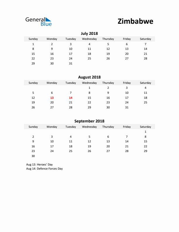 Printable Quarterly Calendar with Notes and Zimbabwe Holidays- Q3 of 2018