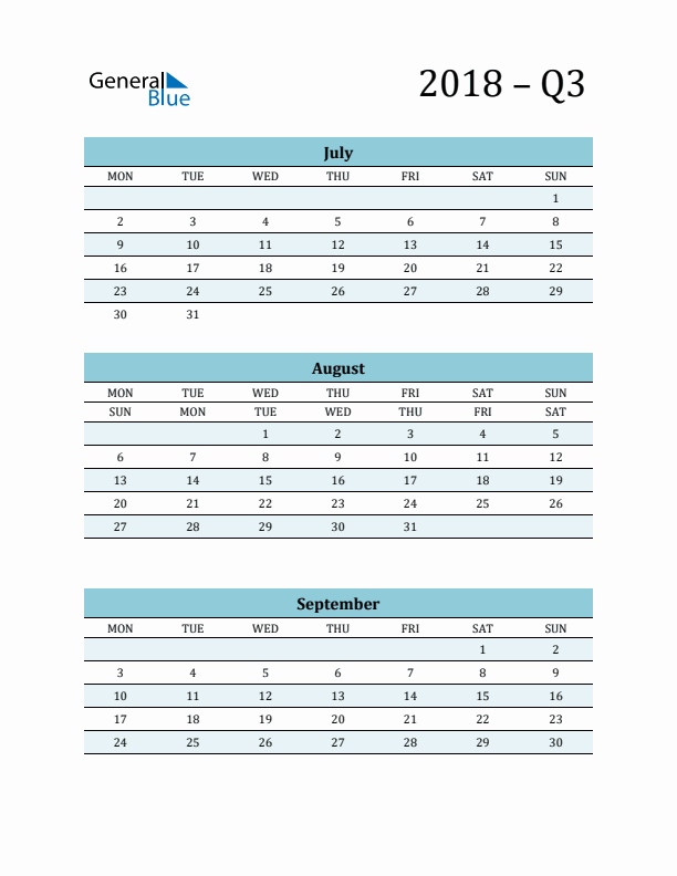 July, August, and September 2018 Calendar