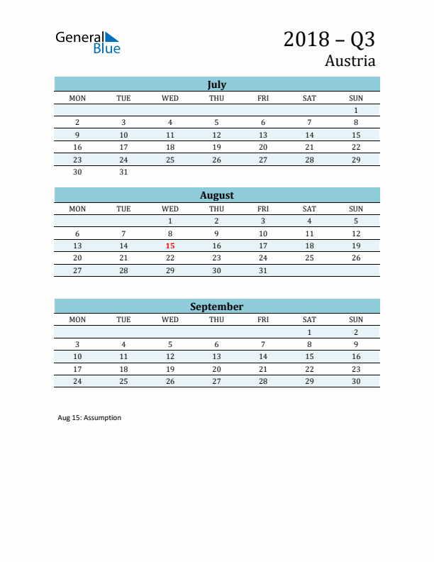 Three-Month Planner for Q3 2018 with Holidays - Austria