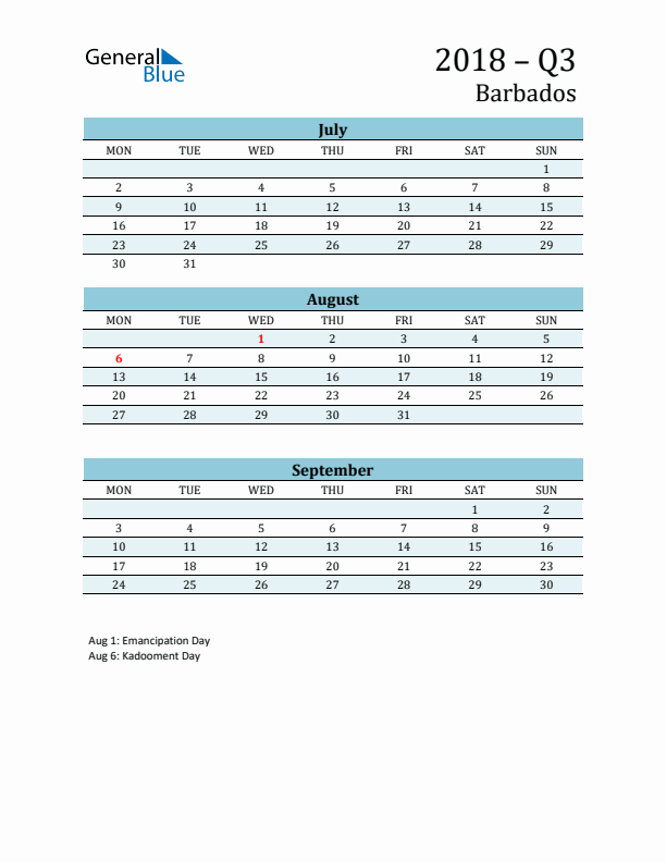 Three-Month Planner for Q3 2018 with Holidays - Barbados