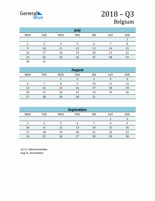 Three-Month Planner for Q3 2018 with Holidays - Belgium