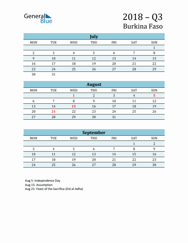 Three-Month Planner for Q3 2018 with Holidays - Burkina Faso