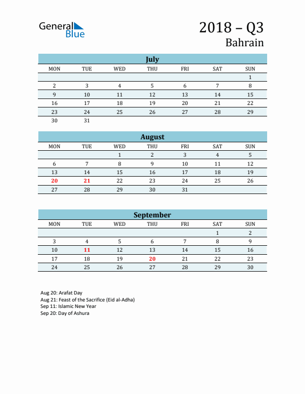 Three-Month Planner for Q3 2018 with Holidays - Bahrain