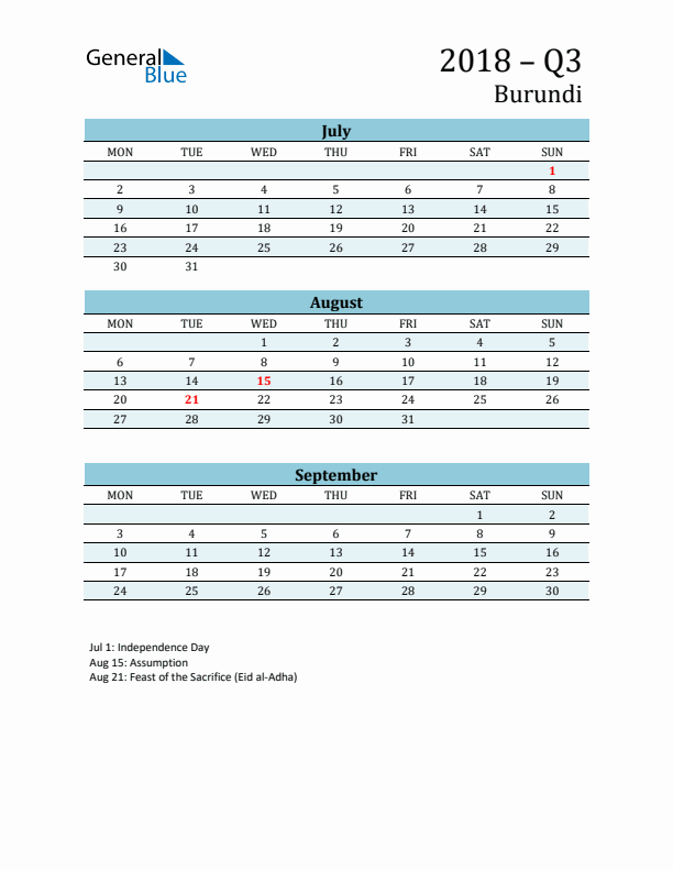 Three-Month Planner for Q3 2018 with Holidays - Burundi