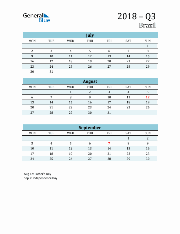 Three-Month Planner for Q3 2018 with Holidays - Brazil