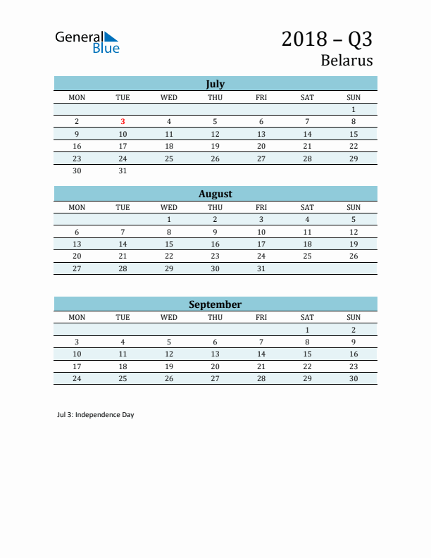 Three-Month Planner for Q3 2018 with Holidays - Belarus