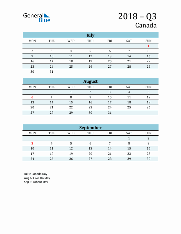 Three-Month Planner for Q3 2018 with Holidays - Canada