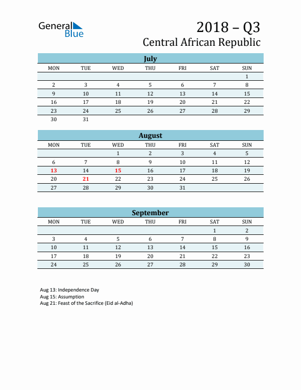 Three-Month Planner for Q3 2018 with Holidays - Central African Republic