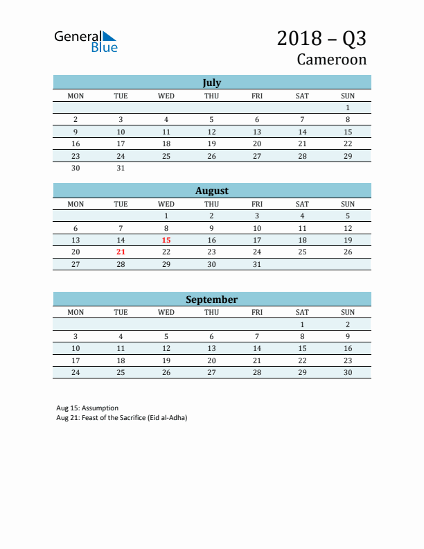 Three-Month Planner for Q3 2018 with Holidays - Cameroon