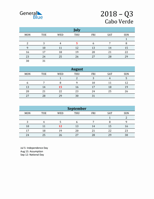 Three-Month Planner for Q3 2018 with Holidays - Cabo Verde