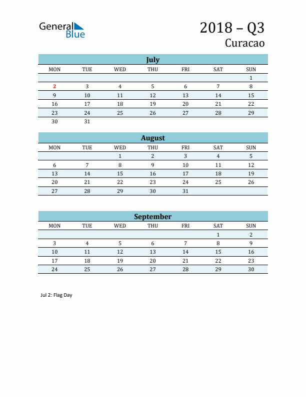 Three-Month Planner for Q3 2018 with Holidays - Curacao