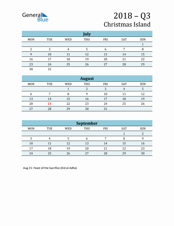 Three-Month Planner for Q3 2018 with Holidays - Christmas Island