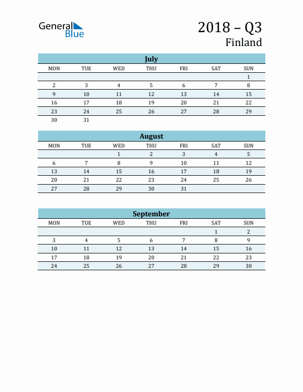 Three-Month Planner for Q3 2018 with Holidays - Finland