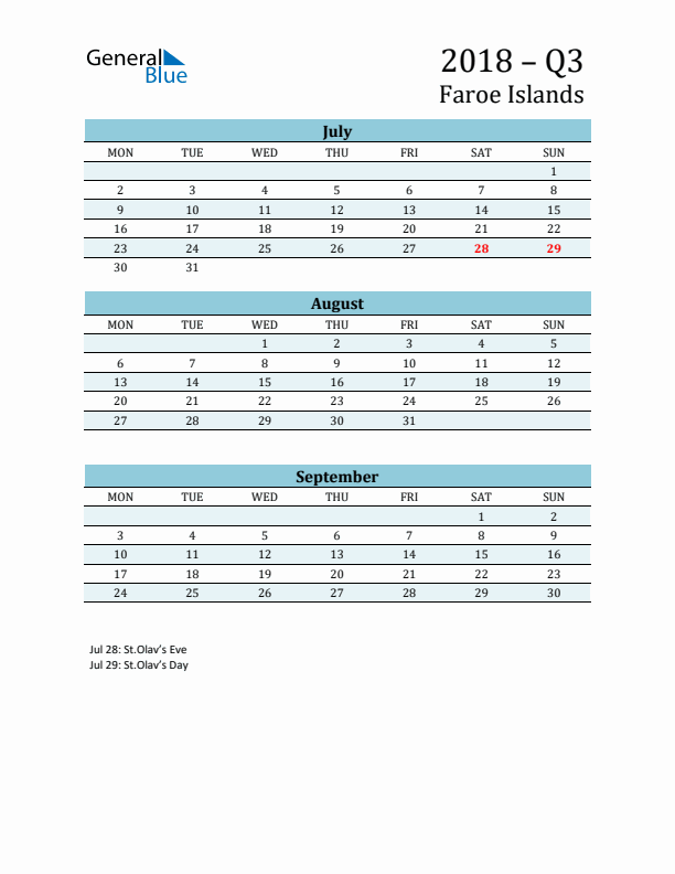 Three-Month Planner for Q3 2018 with Holidays - Faroe Islands