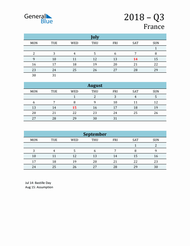 Three-Month Planner for Q3 2018 with Holidays - France