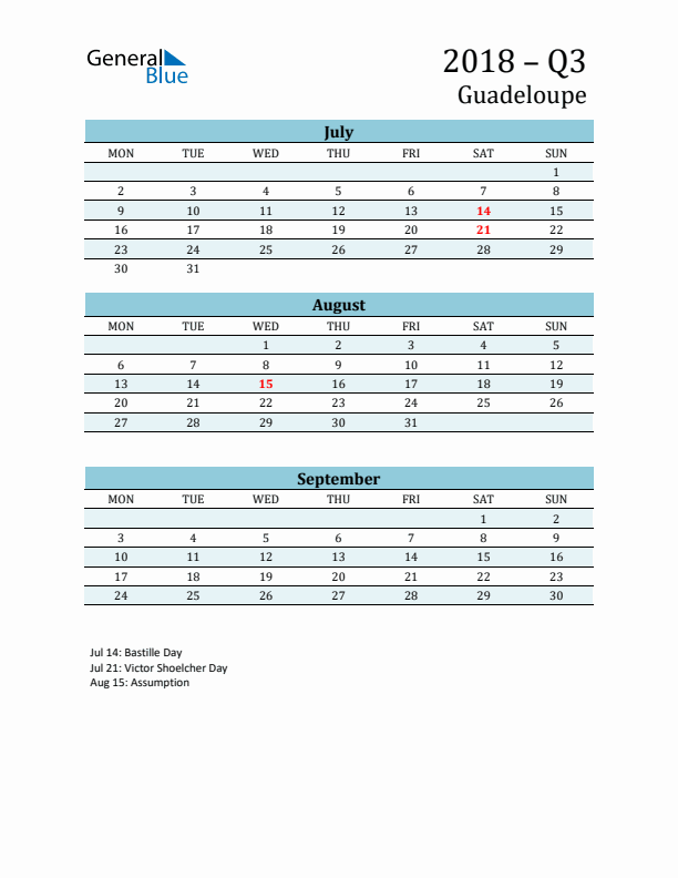 Three-Month Planner for Q3 2018 with Holidays - Guadeloupe