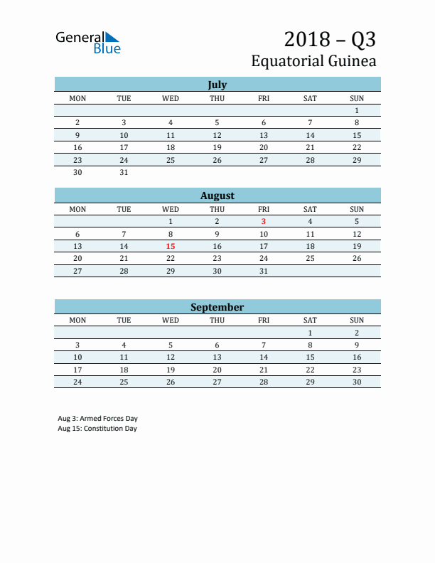 Three-Month Planner for Q3 2018 with Holidays - Equatorial Guinea