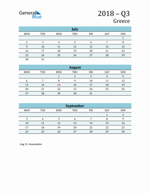 Three-Month Planner for Q3 2018 with Holidays - Greece