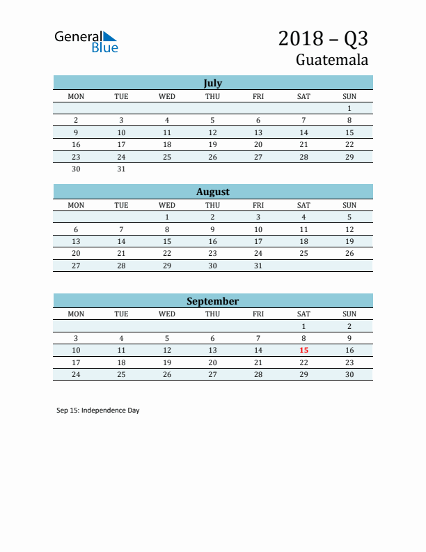 Three-Month Planner for Q3 2018 with Holidays - Guatemala