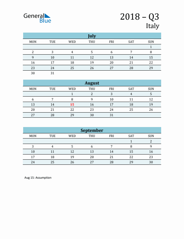 Three-Month Planner for Q3 2018 with Holidays - Italy