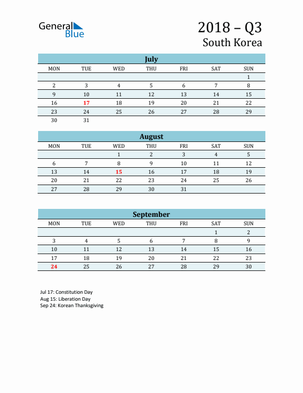 Three-Month Planner for Q3 2018 with Holidays - South Korea