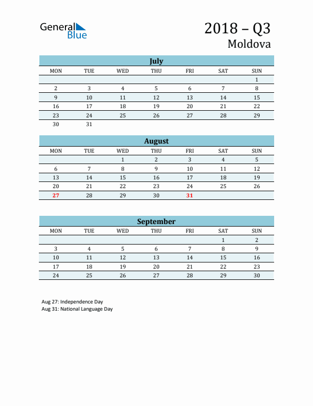 Three-Month Planner for Q3 2018 with Holidays - Moldova